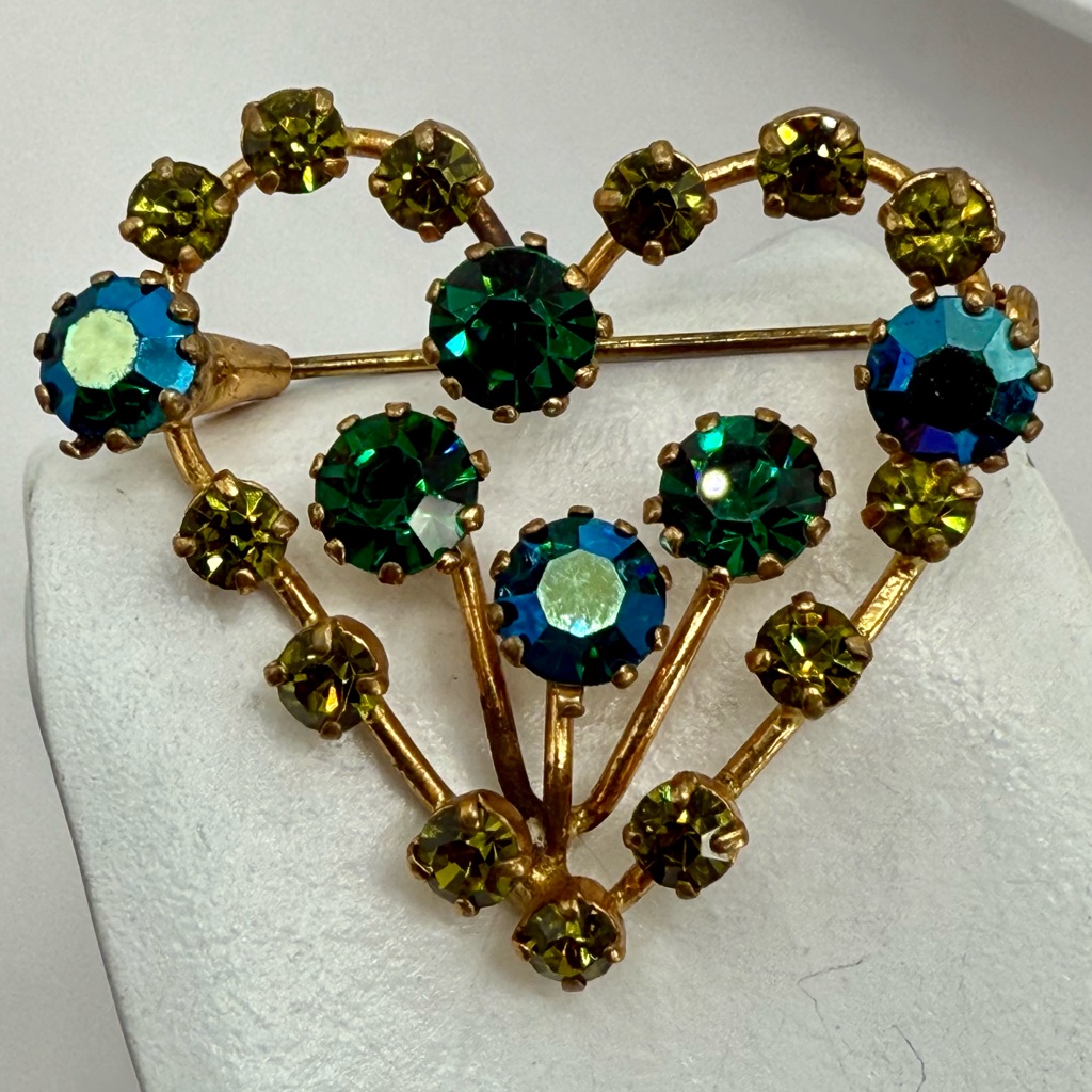 Vintage Austria Heart-Shaped Aurora Borealis Rhinestone Brooch Pin 2”